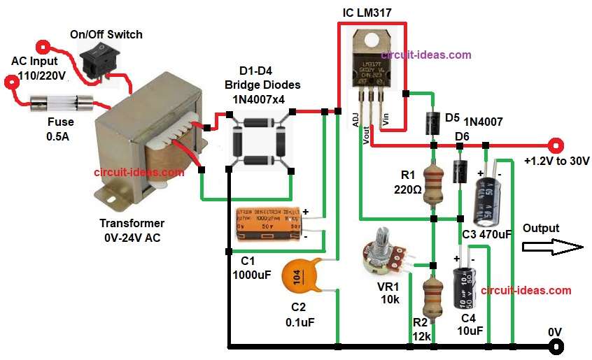 1.2V to 30V 1A LM317 Adjustable Power Supply Circuit Diagram