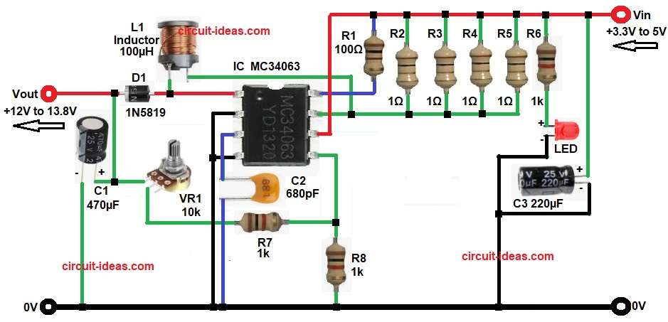 12V Boost Converter Circuit Diagram from 3.3V to 5V Supply