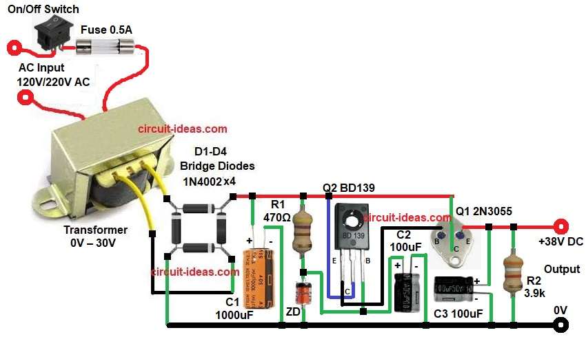 38V Linear Power Supply Circuit Diagram using Transistors