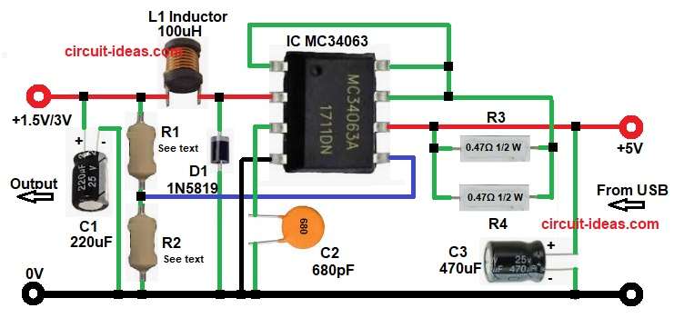 5V USB to 1.5V or 3V DC Converter Circuit Diagram