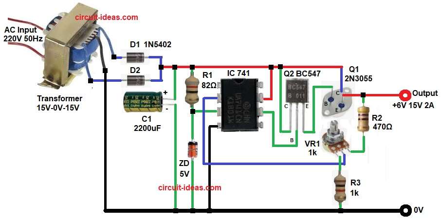 6V to 15V Op-Amp Based Power Supply Circuit Diagram