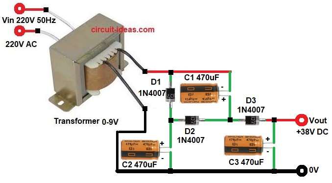 9V AC to 38V DC Voltage Tripler Circuit Diagram