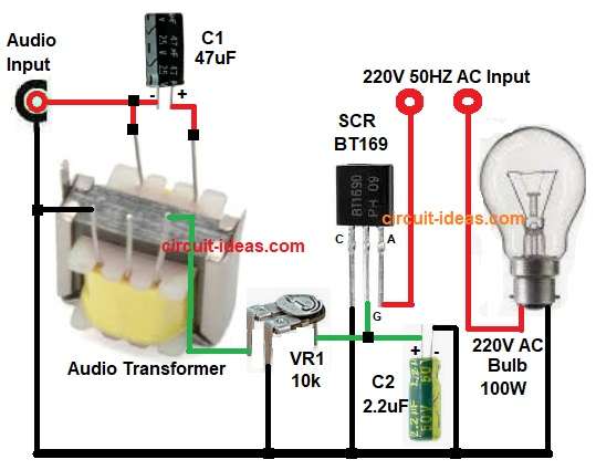 Audio Controlled Mini AC Lamp Flasher Circuit Diagram using SCR
