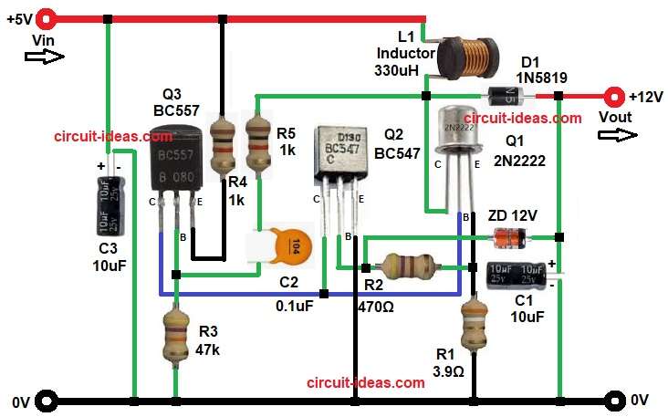 Boost Converter Circuit Diagram From 5V to 12V using Transistors