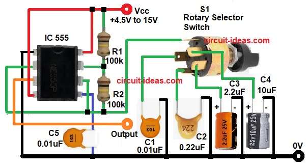 Switch Selectable Four Frequency Pulse Generator Circuit Diagram