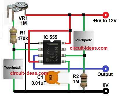 Touch ON OFF Switch Circuit using IC 555 Timer Diagram
