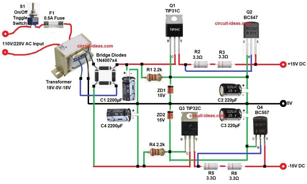 15V Dual Power Supply Circuit Diagram for Preamplifier