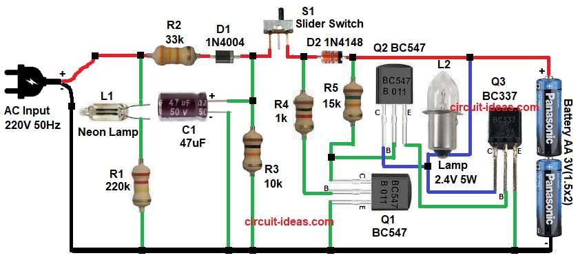 220V Emergency Light Circuit Diagram without Transformer