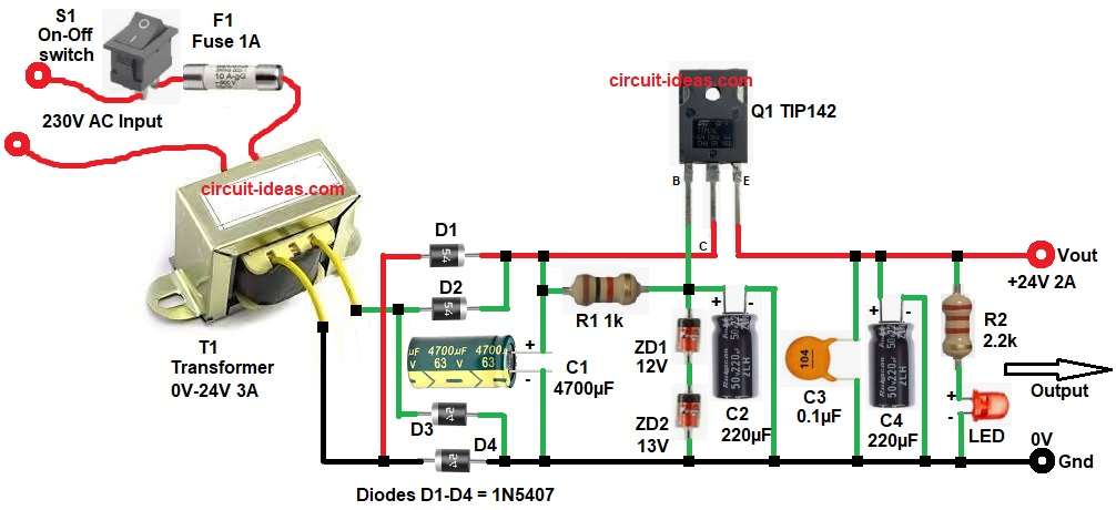 24V 2A Zener Transistor Voltage Regulator Circuit Diagram
