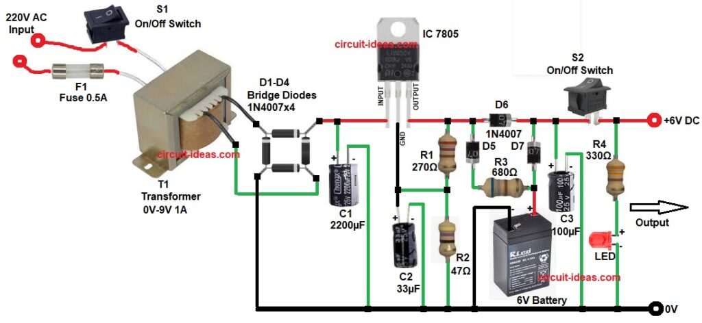 6V Battery Backup Power Supply Circuit Diagram using 7805