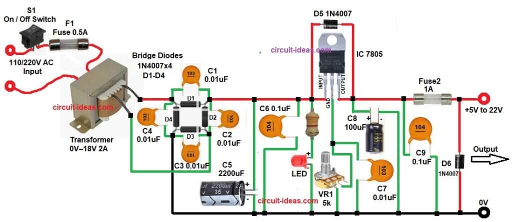 7805 Adjustable Power Supply Circuit Diagram