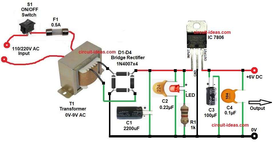 7806 Based 6V 1A Regulated Power Supply Circuit Diagram