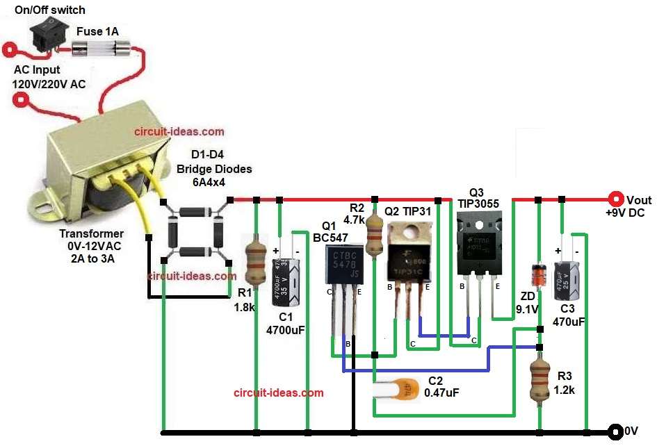 9V 2A to 3A Transistors Based Regulator Circuit Diagram