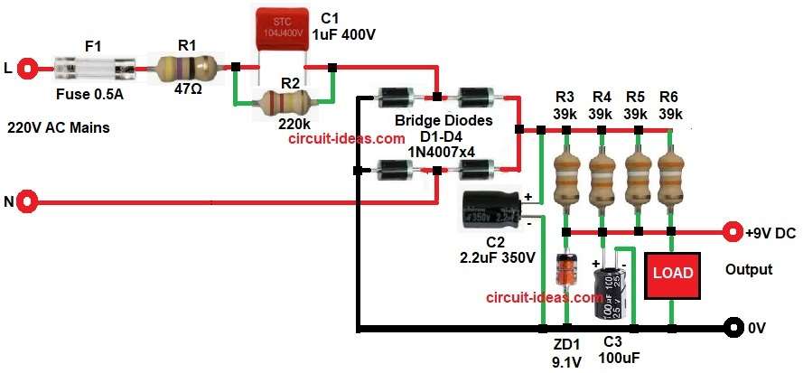 9V DC Transformerless Power Supply Circuit Diagram
