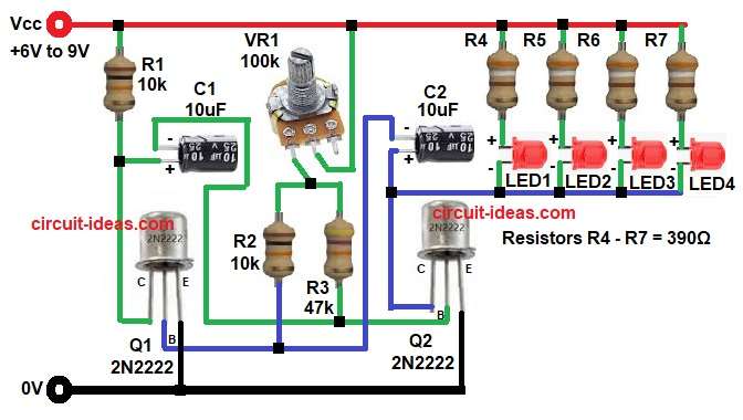 Adjustable 4 LED Flasher Circuit Diagram using Transistors