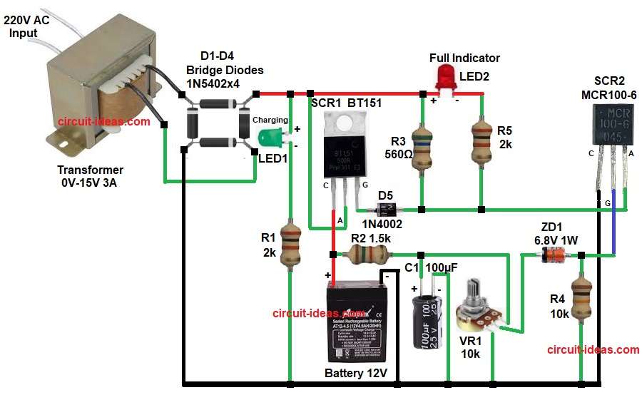 Automatic 12V Battery Charger Circuit Diagram with SCR Cutoff