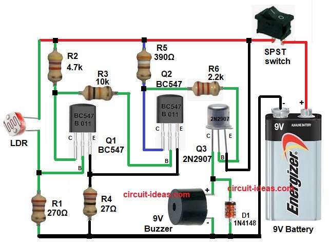 Automatic Light Sensor Buzzer Circuit Diagram using Transistors
