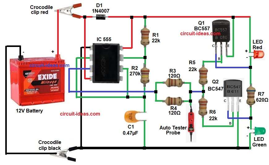 Automotive Electrical Tester Circuit Diagram using 555 IC