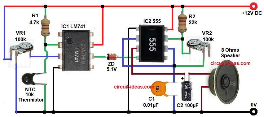 Car Engine Heat Detector Circuit Diagram with Sound Alert