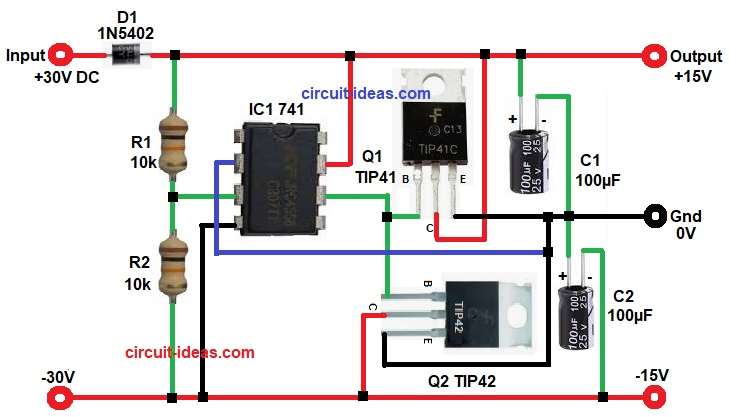 DC Voltage Splitter Circuit Diagram with Op-Amp and Transistor Buffer