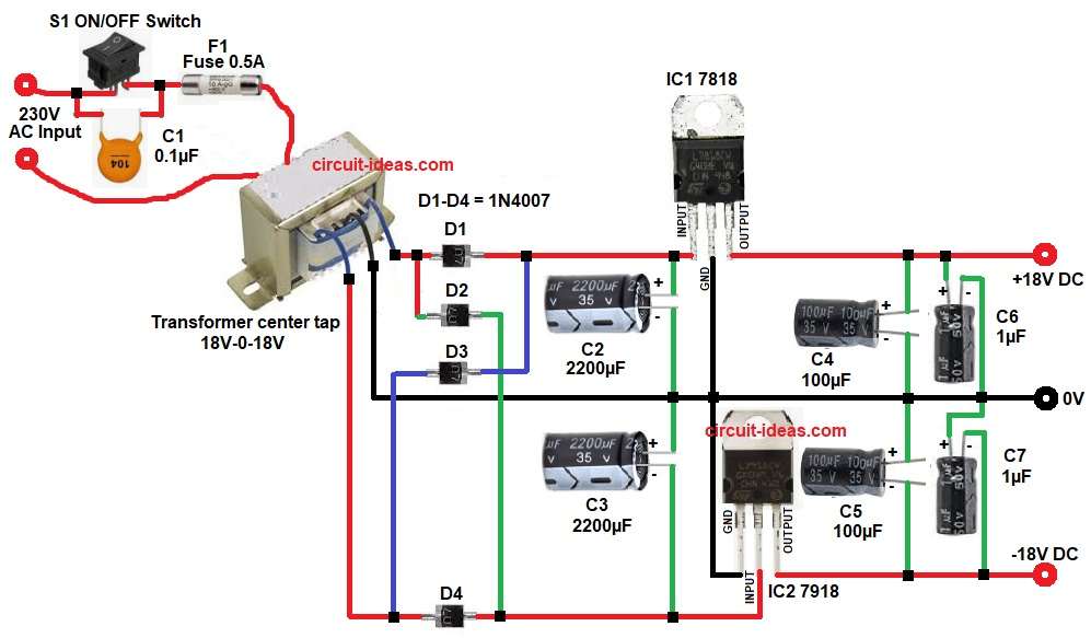 Dual ±18V Regulated Power Supply Circuit Diagram