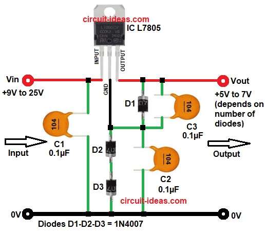 How to Increase 7805 Output Voltage using Diodes diagram