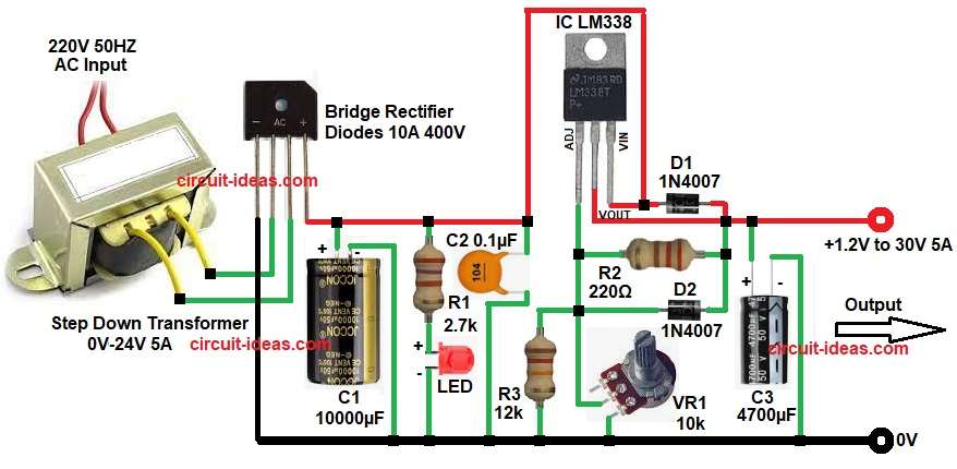 LM338 Adjustable Power Supply 5A Circuit Diagram