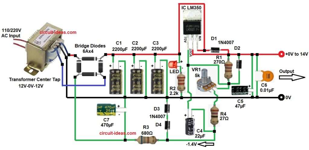 LM350 Based 0-12V 3A Variable Power Supply Circuit Diagram