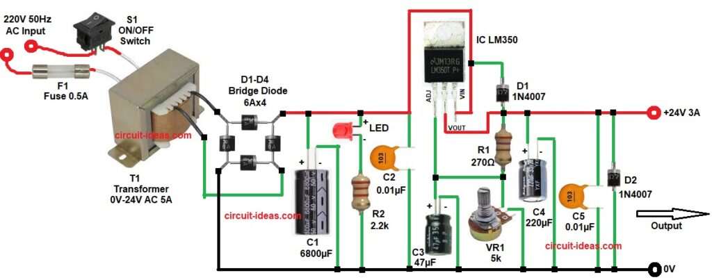 LM350 Based 24V 3A Voltage Regulator Circuit Diagram