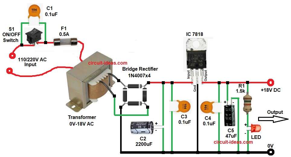 Pre Amplifier Power Supply Circuit Diagram using IC 7818 Voltage Regulator