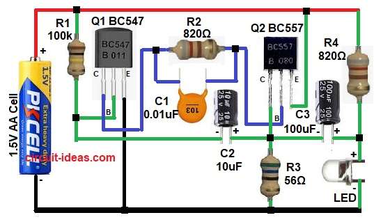 Simple 1.5V Single Cell LED Flasher Circuit Diagram