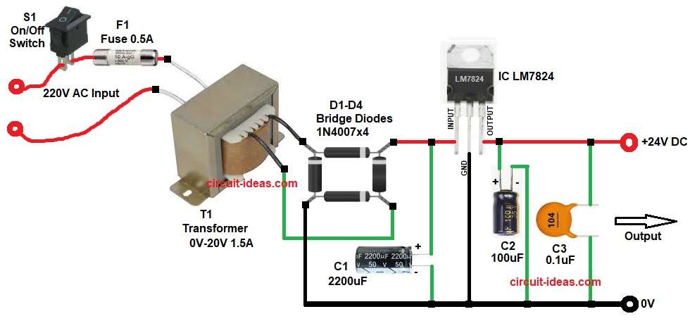 Simple 24V 1A DC Power Supply Circuit Diagram using 7824 IC