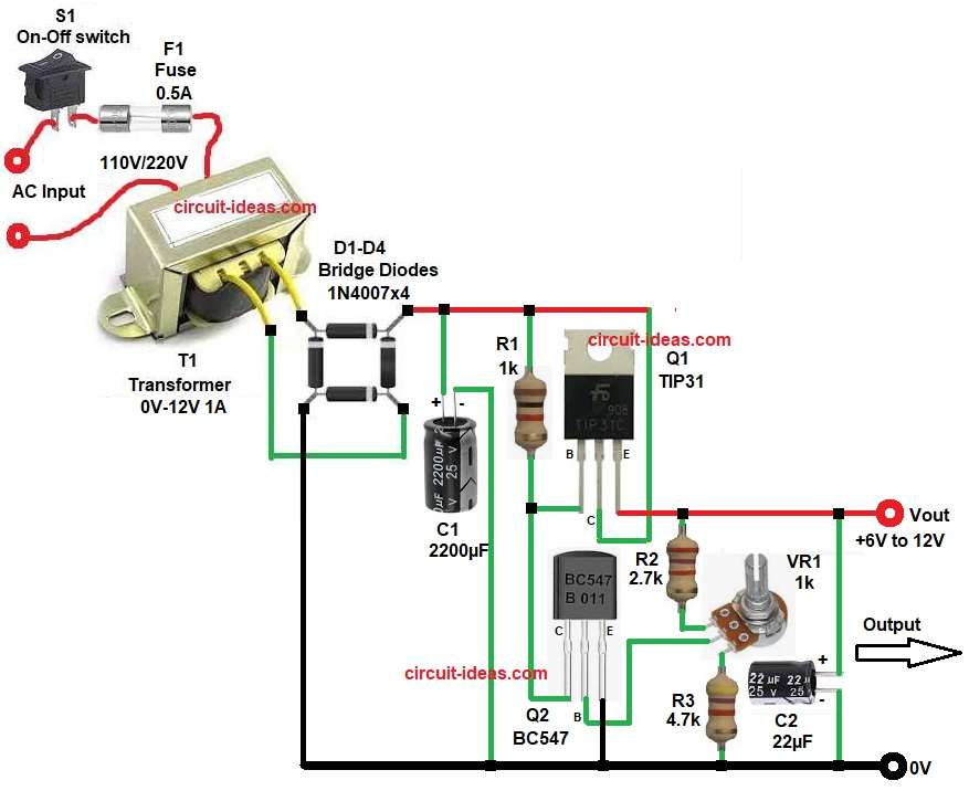 Simple Adjustable 5V to 12V Voltage Regulator Circuit Diagram using Transistors