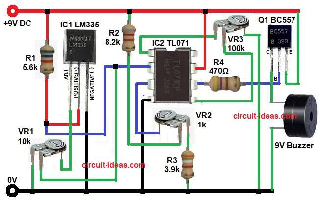 Temperature Sensing Alarm Circuit Diagram using Buzzer