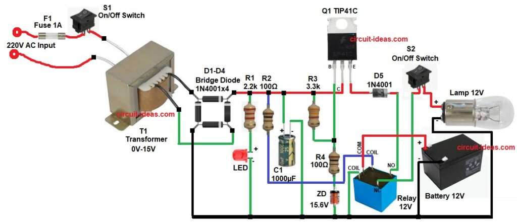 Transistor Based 12V Emergency Light Circuit Diagram