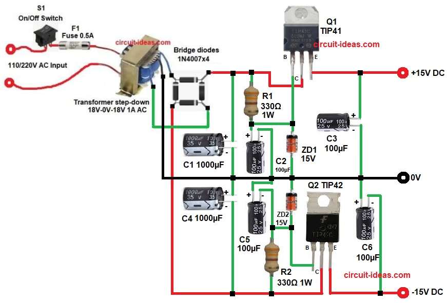 Transistor Based ±15V Dual Power Supply Circuit Diagram