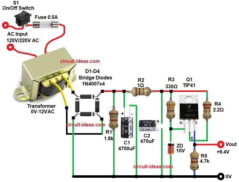 Zener Controlled 9V Regulator Circuit Diagram with TIP41 Transistor