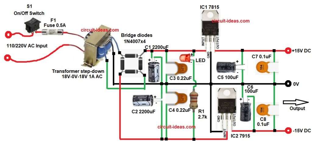 ±15V Dual Power Supply Circuit Diagram using 7815 and 7915 ICs