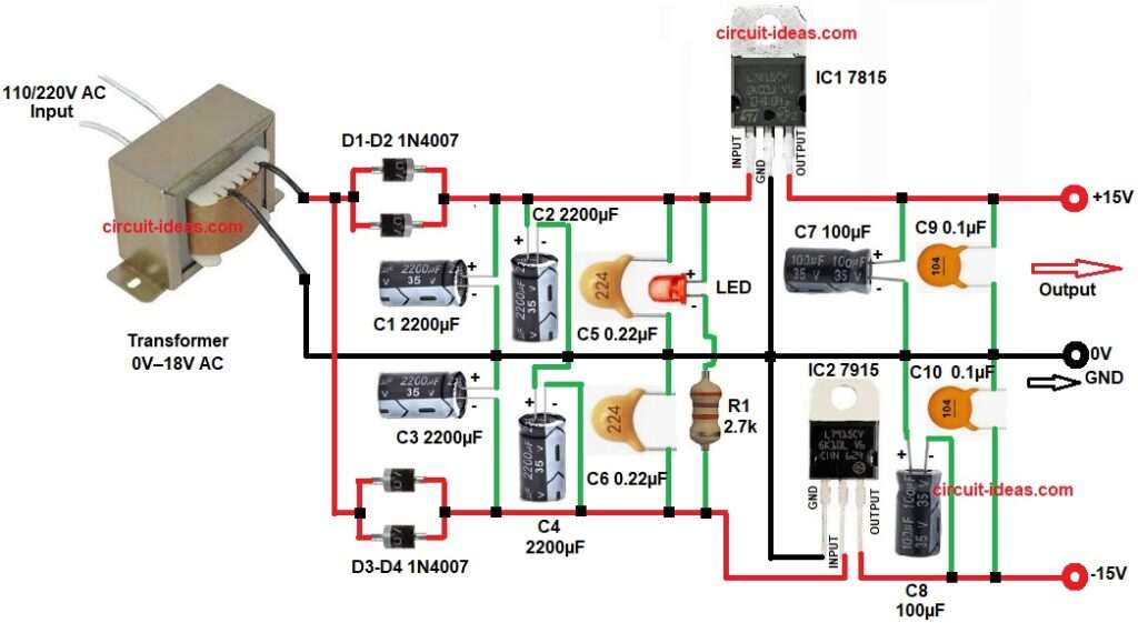 ±15V Dual Regulator Circuit Diagram using Two Terminal Transformer