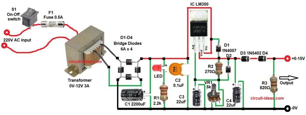 0-15V 3A Adjustable Power Supply Circuit Diagram