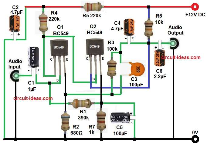 12V Dynamic Mic Preamplifier Circuit Diagram