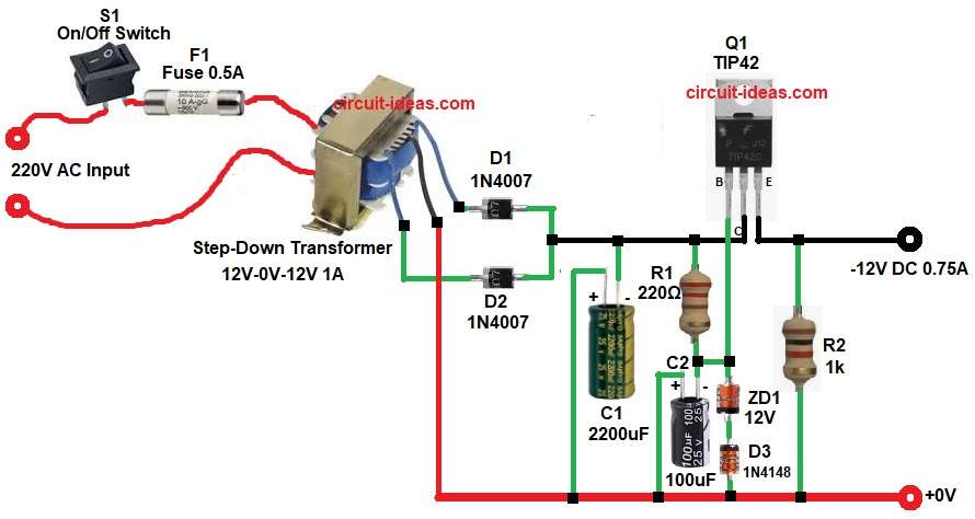 12V Negative Voltage Regulator Circuit Diagram with Zener and Transformer