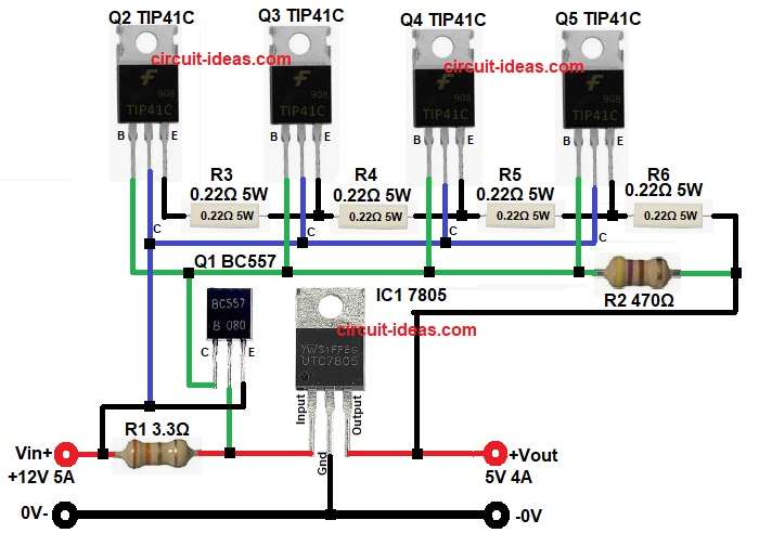 5V 4A Power Supply Circuit Diagram using IC 7805 and Parallel Transistors