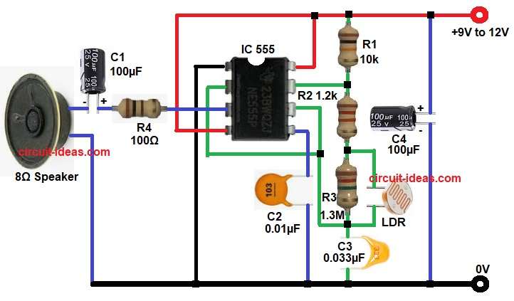 Automatic Tone Generator Circuit Diagram using LDR and 555 IC