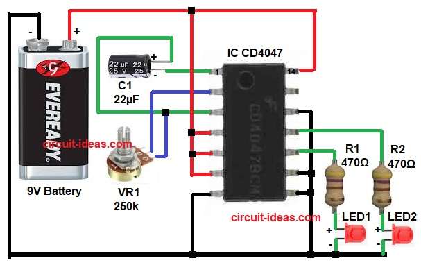 CD4047 Astable Multivibrator Circuit Diagram for Blinking Two LEDs