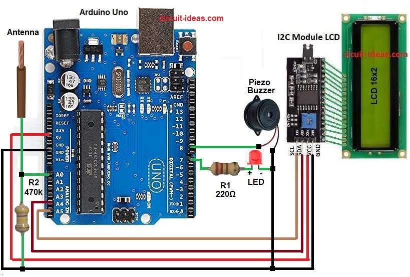 EMF Ghost Detector Circuit Diagram using Arduino Uno and LCD Display