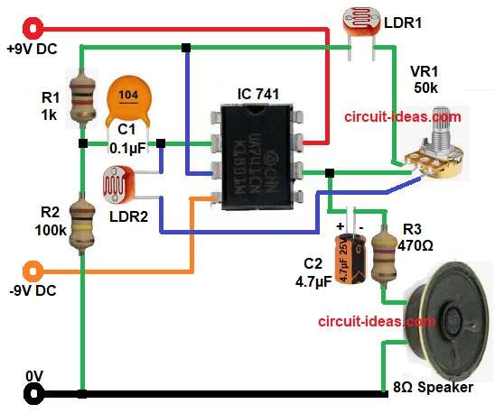 IC 741 Based Audible Light Sensor Circuit using LDR