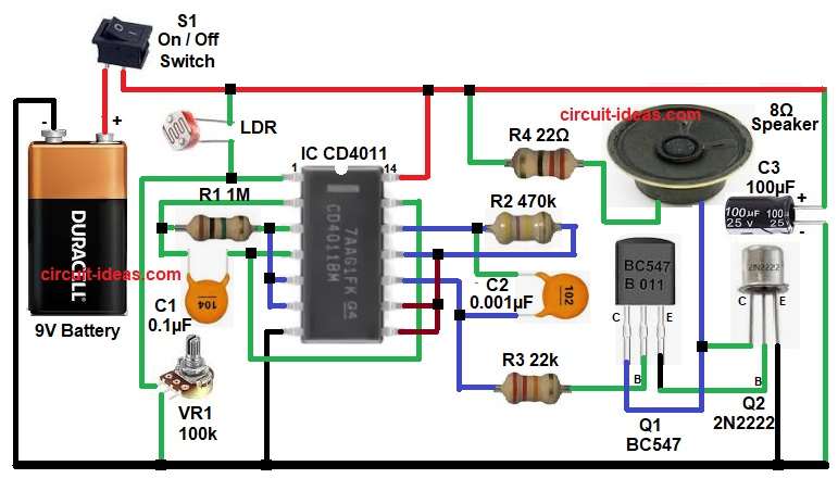 LDR Based Morning Alarm Circuit Diagram using NAND Gate IC