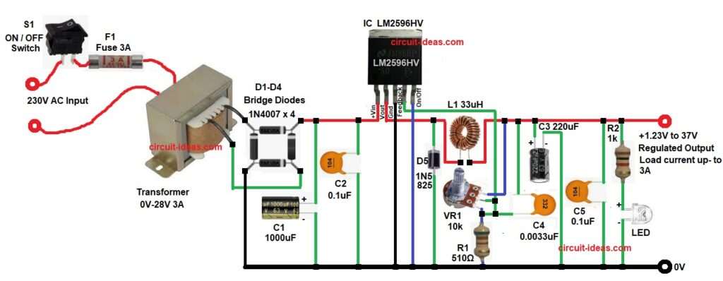 LM2596HV Adjustable DC Voltage Regulator Circuit Diagram