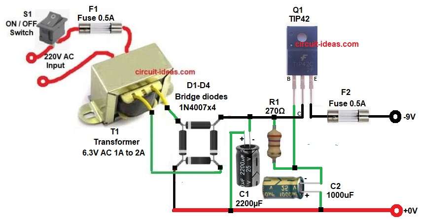 Low Ripple -9V Regulated Power Supply Circuit Diagram